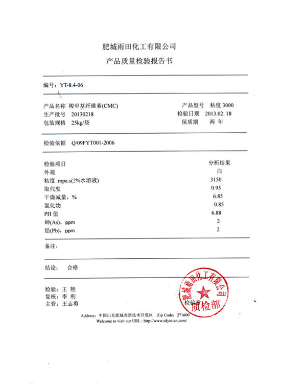 Carboxymethyl cellulose test report - Model viscosity 3000